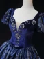 Vintage / Retro Ocean Blue Prom Dresses 2023 Ball Gown Rhinestone Square Neckline Puffy Short Sleeve Backless Floor-Length / Long Prom Formal Dresses