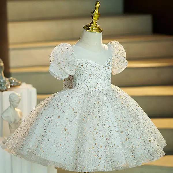 Fashion White Glitter Spotted Birthday Flower Girl Dresses 2022 Ball Gown Scoop Neck Puffy Short Sleeve Short Flower Girl Dresses
