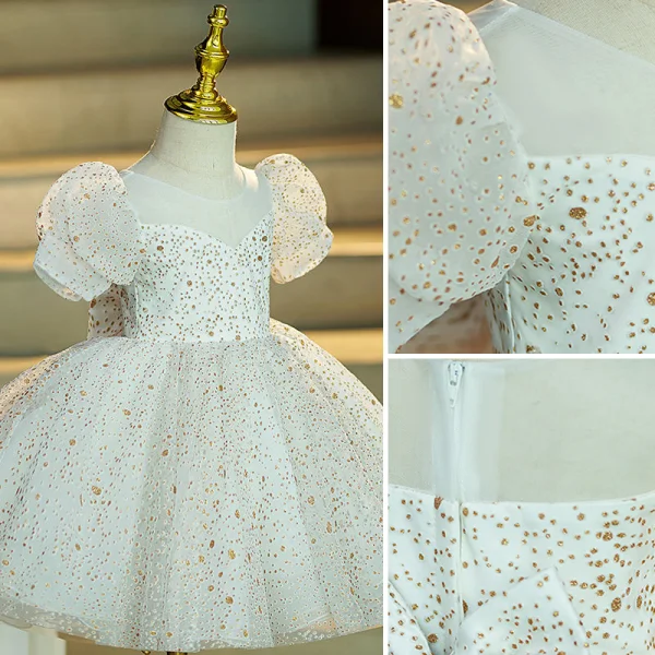 Fashion White Glitter Spotted Birthday Flower Girl Dresses 2022 Ball Gown Scoop Neck Puffy Short Sleeve Short Flower Girl Dresses
