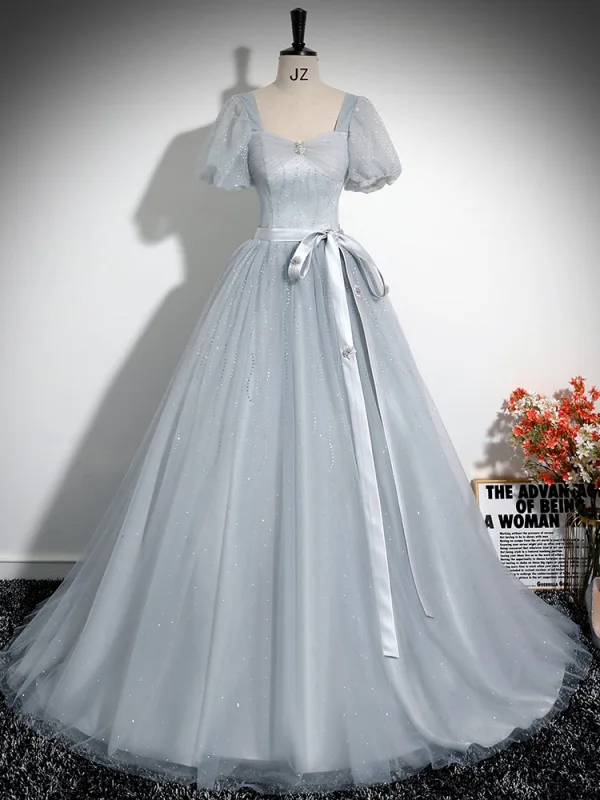 Elegante Grau Pailletten Schleife Stoffgürtel Ballkleider 2025 Ballkleid Eckiger Ausschnitt Geschwollenes Kurze Ärmel Rückenfreies Lange Festliche Kleider