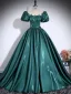 Vintage / Retro Dark Green Sequins Lace Flower Satin Prom Dresses 2025 Ball Gown Scoop Neck Short Sleeve Backless Floor-Length / Long Formal Dresses