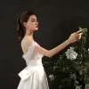 Fabulous Ivory Bow Flower Wedding Dresses 2021 Satin Sleeveless Off-The-Shoulder Outdoor / Garden Zipper Up Court Train A Line/ Princess Wedding Dresses