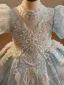 Charming Sparkly Sky Blue Beading Pearl Sequins Flower Girl Dresses 2024 Ball Gown High Neck Short Sleeve Backless Floor-Length / Long Birthday