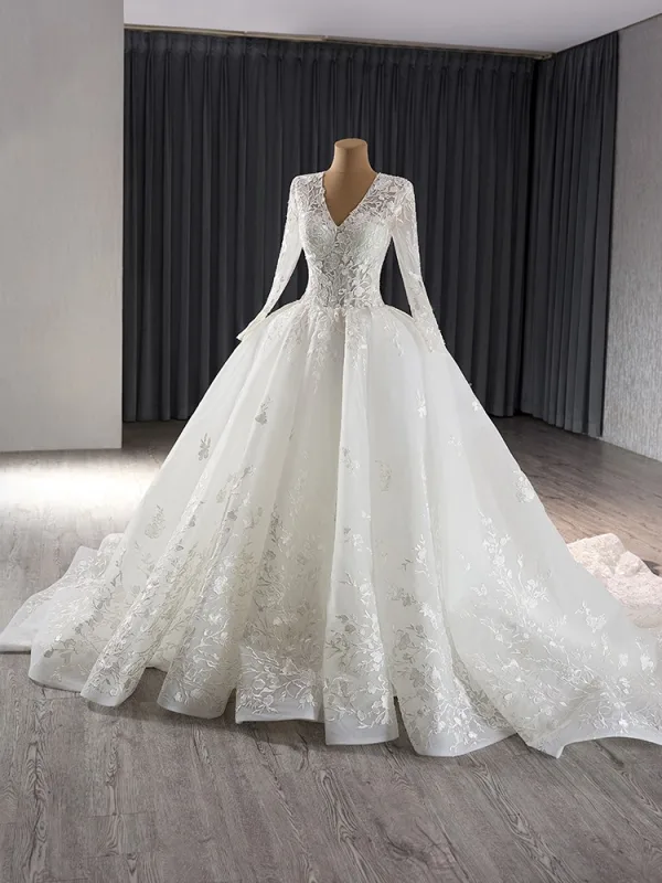 Elegant High-end White Lace Flower Wedding Dresses 2024 Ball Gown V-Neck Long Sleeve Chapel Train Wedding