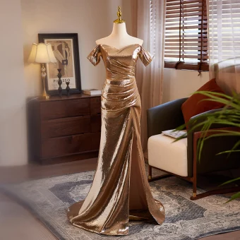 Sparkly Sexy Champagne Sequins Split Front Evening Dresses 2024 Trumpet Mermaid Off The Shoulder Short Sleeve Backless Sweep Train Evening Party Formal Dresses
