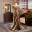 Glitzernden Sexy Champagner Pailletten Gespaltete Front Abendkleider 2024 Meerjungfrau Off Shoulder Kurze Ärmel Rückenfreies Sweep / Pinsel Zug Abend Festliche Kleider