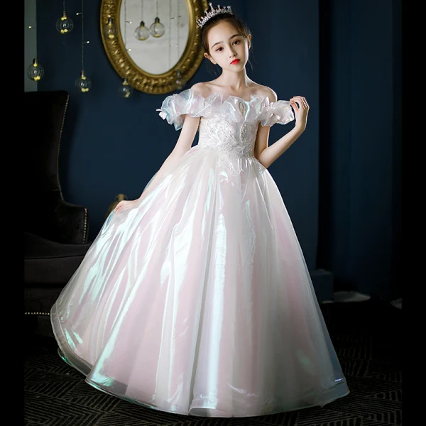 Charmant Blanche Laser Anniversaire Robe Ceremonie Fille 2022 Robe Boule De l'épaule Sans Manches Dos Nu Perle Perlage En Dentelle Fleur Longue Robe Ceremonie Fille