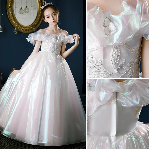 Charmant Blanche Laser Anniversaire Robe Ceremonie Fille 2022 Robe Boule De l'épaule Sans Manches Dos Nu Perle Perlage En Dentelle Fleur Longue Robe Ceremonie Fille