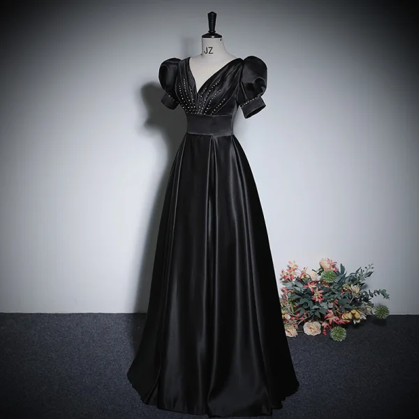 Vintage / Retro Black Satin Evening Dresses 2023 A-Line / Princess V-Neck Puffy Short Sleeve Backless Floor-Length / Long Evening Party Formal Dresses