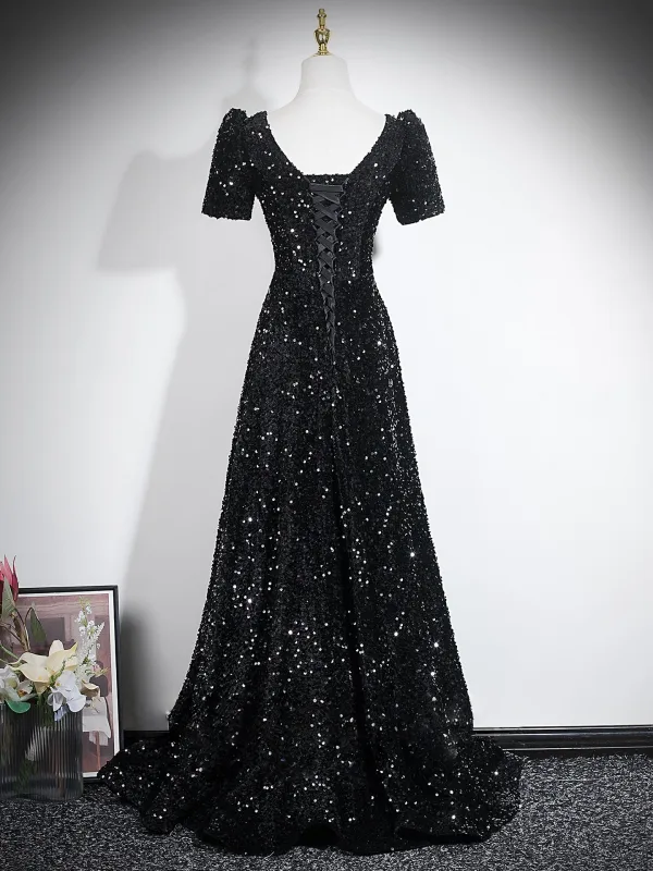 Éclatant Bordeaux Paillettes Robe De Soirée 2026 Princesse V-Cou Manches Courtes Dos Nu Longue