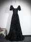 Éclatant Bordeaux Paillettes Robe De Soirée 2026 Princesse V-Cou Manches Courtes Dos Nu Longue