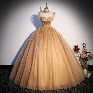 Elegante Champagner Strass Ballkleider 2023 Ballkleid Stehkragen Ärmellos Lange Ball Festliche Kleider