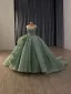Vintage / Retro Sage Green Handmade  Beading Pearl Sequins Prom Dresses 2026 Ball Gown Scoop Neck Cap Sleeves Backless Sweep Train Formal Dresses