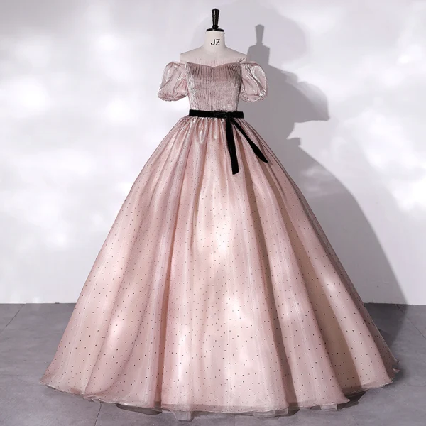 Élégant Rougissant Rose Tachetée Robe De Bal 2022 Robe Boule De l'épaule Gonflée Manches Courtes Dos Nu Ceinture Noeud Longue Robe De Ceremonie