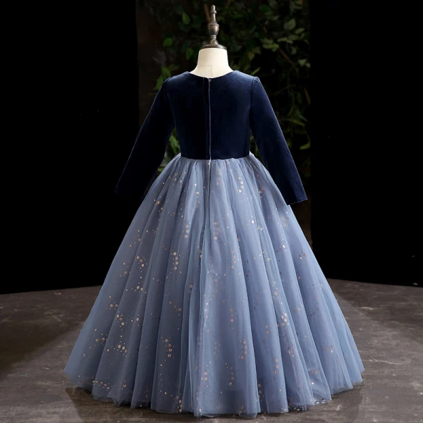 Chic / Beautiful Pool Blue Sequins Prom Flower Girl Dresses 2022 Ball Gown Scoop Neck Long Sleeve Floor-Length / Long Flower Girl Dresses