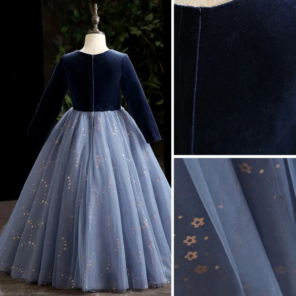 Chic / Beautiful Pool Blue Sequins Prom Flower Girl Dresses 2022 Ball Gown Scoop Neck Long Sleeve Floor-Length / Long Flower Girl Dresses
