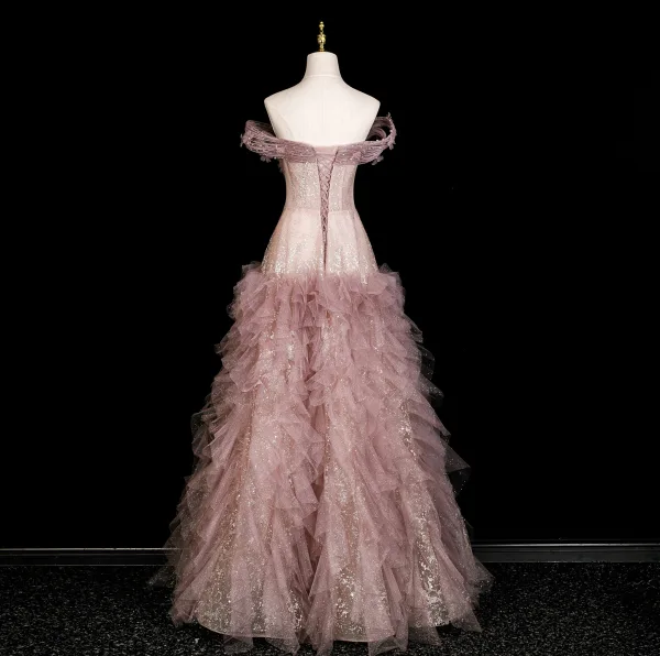 Haut de Gamme Rougissant Rose Appliques Faux Diamant Paillettes Volants en Cascade Robe De Bal 2025 Princesse De l'épaule Sans Manches Dos Nu Longue Robe De Ceremonie