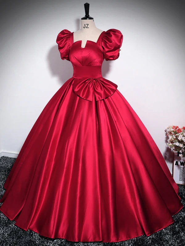 Elegant Burgundy Bow Prom Dresses 2024 Ball Gown Square Neckline Puffy Short Sleeve Backless Floor-Length / Long Prom Formal Dresses