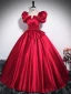 Elegant Burgundy Bow Prom Dresses 2024 Ball Gown Square Neckline Puffy Short Sleeve Backless Floor-Length / Long Prom Formal Dresses