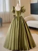 Modest / Simple Clover Green Bow Satin Prom Dresses 2024 Ball Gown Square Neckline Puffy Short Sleeve Backless Floor-Length / Long Prom Formal Dresses