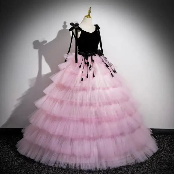 Fashion Blushing Pink Appliques Cascading Ruffles Prom Dresses Ball Gown 2024 Spaghetti Straps Bow Sleeveless Floor-Length / Long Prom Formal Dresses