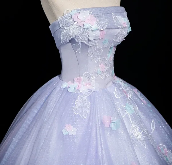 Chic / Beautiful Lavender Lace Flower Appliques Prom Dresses 2025 A-Line / Princess Strapless Sleeveless Backless Floor-Length / Long Formal Dresses