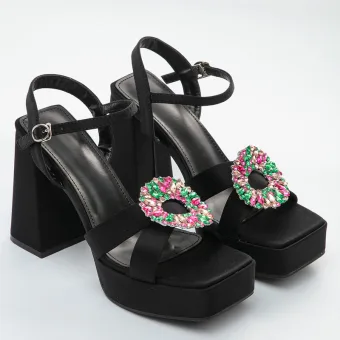 Romain Noire Vêtement De Rue Faux Diamant Sandales Femme 2022 10 Cm Talons Épais Peep Toes Bout Ouvert Sandales Talons Hauts