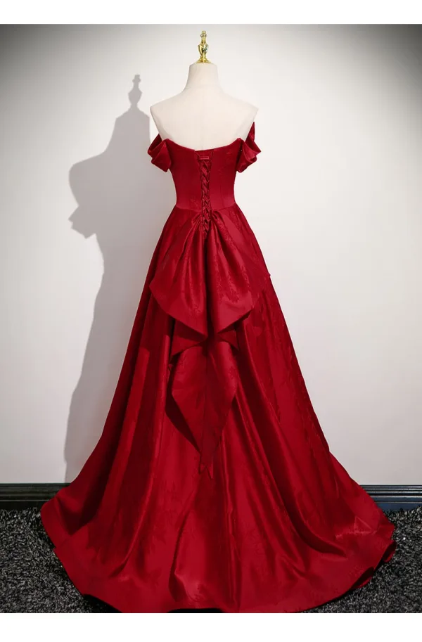 Elegant Red Beading Embroidered Prom Dresses 2025 A-Line / Princess Strapless Bow Sleeveless Backless Floor-Length / Long Formal Dresses