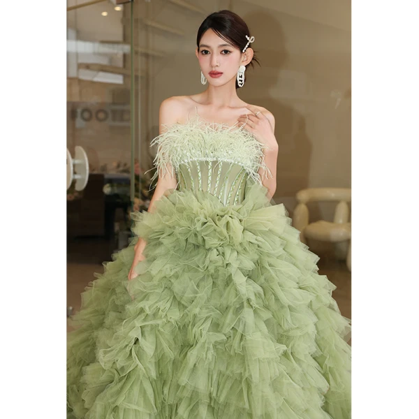 Charming Sage Green Cascading Ruffles Evening Dresses 2023 Ball Gown Strapless Tassel Sleeveless Backless Sweep Train Evening Party Formal Dresses