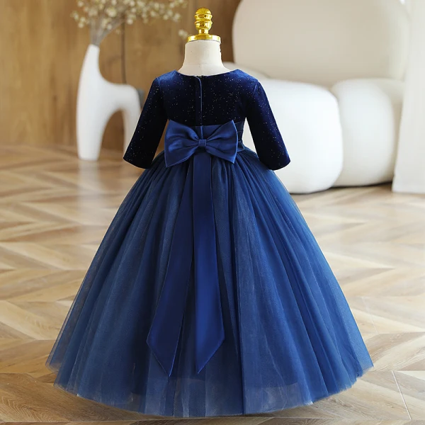Vintage / Retro Navy Blue Sequins Birthday Flower Girl Dresses 2023 Ball Gown Scoop Neck Bow 3/4 Sleeve Floor-Length / Long Flower Girl Dresses