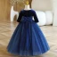 Vintage / Retro Navy Blue Sequins Birthday Flower Girl Dresses 2023 Ball Gown Scoop Neck Bow 3/4 Sleeve Floor-Length / Long Flower Girl Dresses