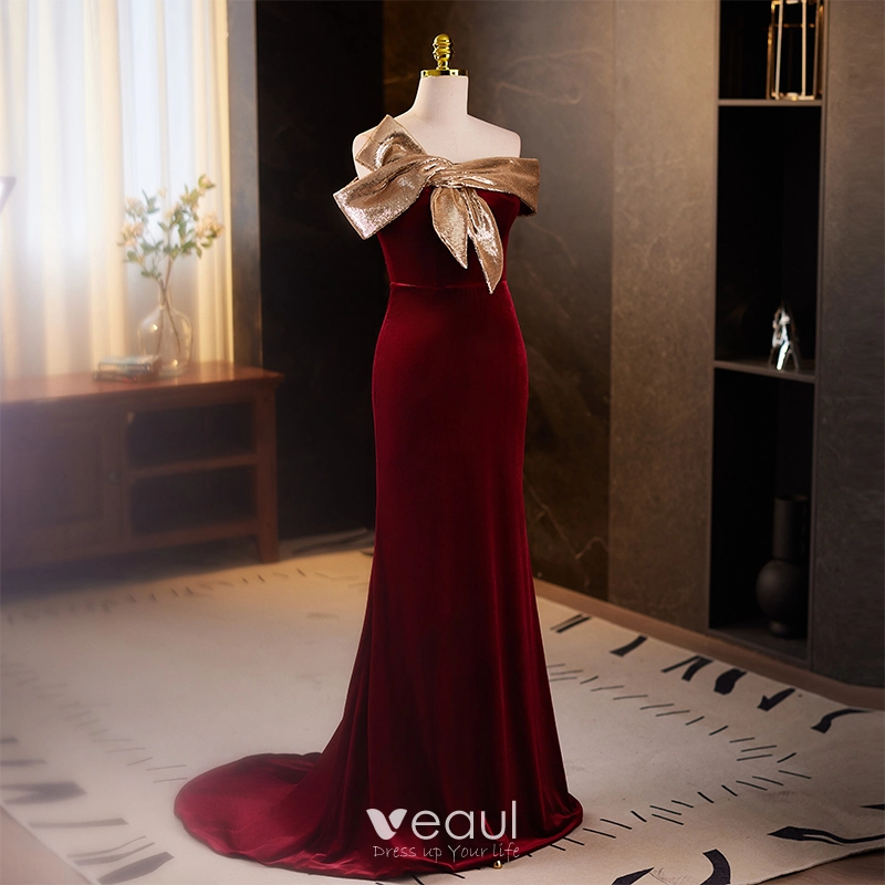 Burgundy Vintage Velvet Evening Dress Elegant Square Neck Puff Sleeve Bow  Princess Engagement Gonws