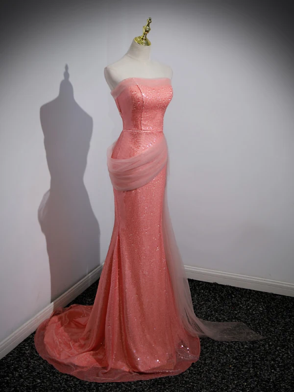 Scintillantes Sexy Rose Bonbon Paillettes Robe De Soirée 2023 Trompette / Sirène Bustier Sans Manches Dos Nu Train De Balayage Soirée Robe De Ceremonie