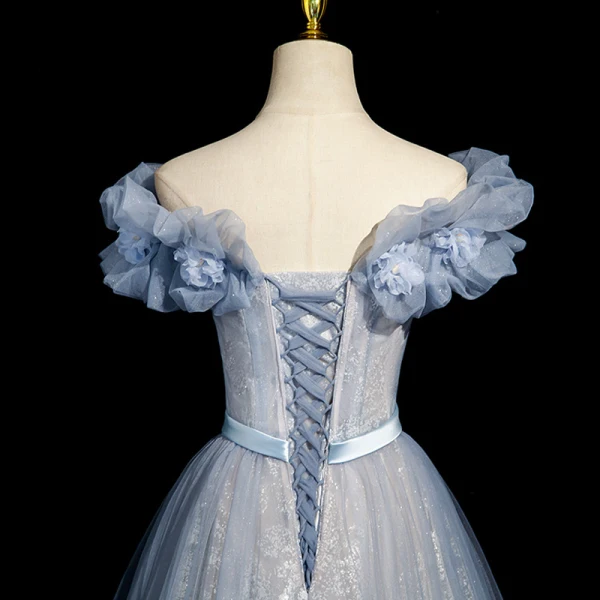 Chic / Belle Bleu Ciel Perlage Paillettes Appliques Robe De Bal 2023 Princesse De l'épaule Noeud Ceinture Sans Manches Dos Nu Longue Promo Robe De Ceremonie