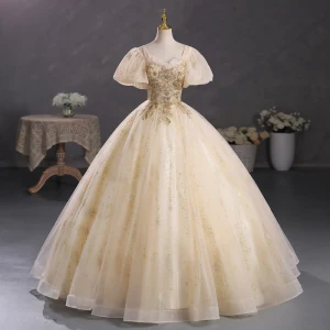 Élégant Champagne Perlage Paillettes Robe De Bal 2023 Robe Boule Encolure Carrée Gonflée Manches Courtes Dos Nu Longue Promo Robe De Ceremonie