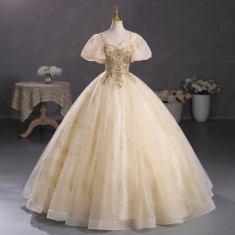 Élégant Champagne Perlage Paillettes Robe De Bal 2023 Robe Boule Encolure Carrée Gonflée Manches Courtes Dos Nu Longue Promo Robe De Ceremonie