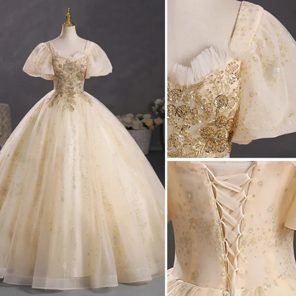 Elegant Champagne Beading Sequins Prom Dresses 2023 Ball Gown Square Neckline Puffy Short Sleeve Backless Floor-Length / Long Prom Formal Dresses