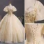 Elegant Champagne Beading Sequins Prom Dresses 2023 Ball Gown Square Neckline Puffy Short Sleeve Backless Floor-Length / Long Prom Formal Dresses