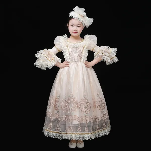Vintage / Retro Medieval Champagne Flower Girl Dresses 2024 3D Lace Printing Floor-Length / Long High Neck 1/2 Sleeves A-Line / Princess Wedding Cosplay Prom Ball Gown Wedding Party Dresses