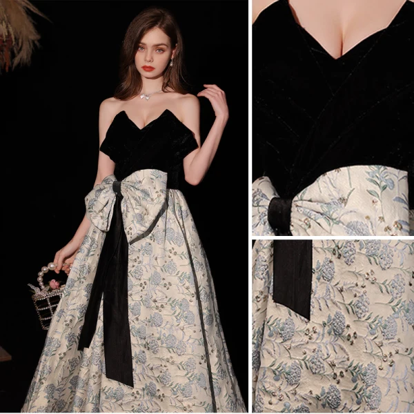 Charming Black Floral Evening Dresses 2022 A-Line / Princess Strapless Sleeveless Bow Backless Floor-Length / Long Evening Party Formal Dresses