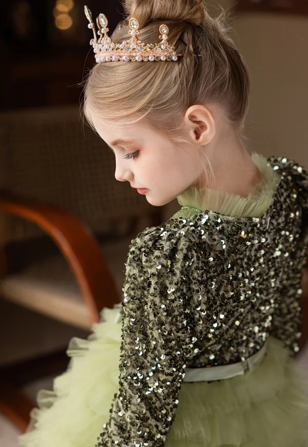 Sparkly Sage Green Cascading Ruffles Sequins Birthday Flower Girl Dresses 2024 A-Line / Princess High Neck Long Sleeve Bow Sash Floor-Length / Long Flower Girl Dresses