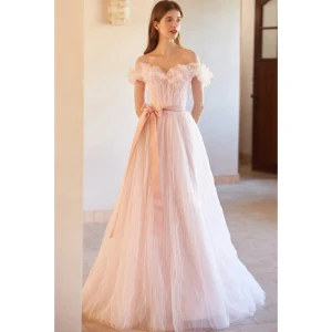 Charmant Rougissant Rose Plissée Robe De Bal 2023 Princesse De L Épaule Sans Manches Noeud Ceinture Dos Nu Longue Promo Robe De Ceremonie