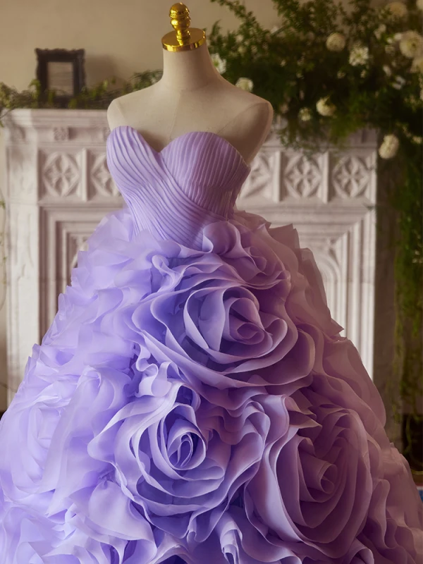 Flower Fairy Lavender Rose Prom Dresses 2024 Ball Gown Strapless Sleeveless Backless Sweep Train Prom Formal Dresses