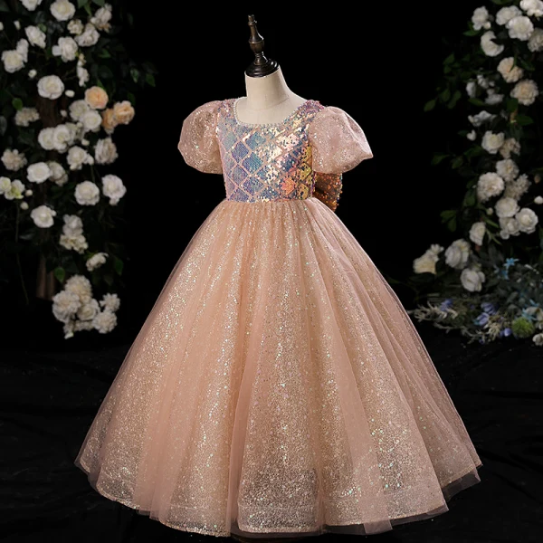 Scintillantes Champagne Glitter Paillettes Noeud Anniversaire Robe Ceremonie Fille 2024 Robe Boule Encolure Dégagée Manches Courtes Longue Tulle