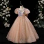 Scintillantes Champagne Glitter Paillettes Noeud Anniversaire Robe Ceremonie Fille 2024 Robe Boule Encolure Dégagée Manches Courtes Longue Tulle