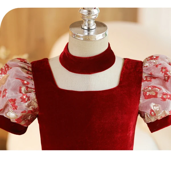 Chic / Beautiful Burgundy Printing Birthday Flower Girl Dresses 2023 Ball Gown Square Neckline Short Sleeve Backless Floor-Length / Long Flower Girl Dresses