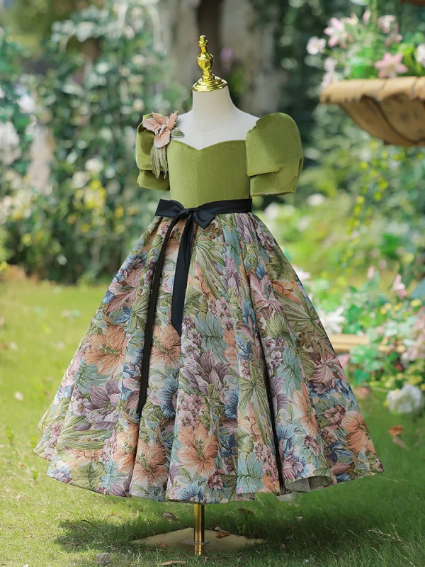 Chic / Belle Vert Cendré Impression Noeud Ceinture Anniversaire Robe Ceremonie Fille 2023 Princesse Encolure Carrée Gonflée Manches Courtes Longue