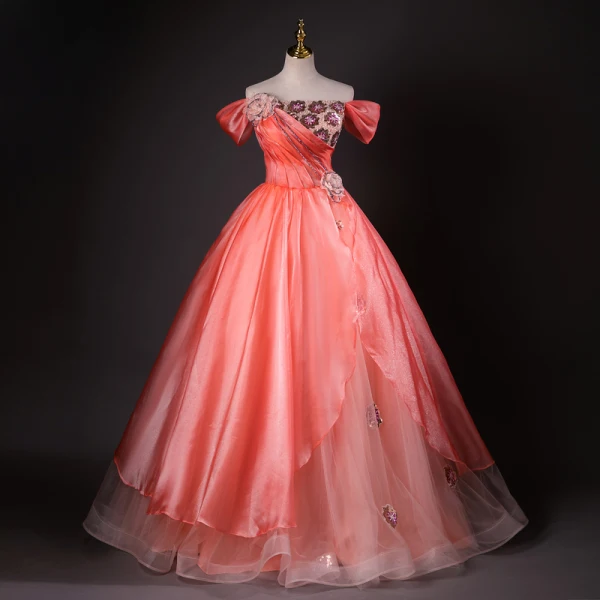 Elegant Watermelon Beading Appliques Sequins Prom Dresses 2024 Ball Gown Off-The-Shoulder Sleeveless Backless Floor-Length / Long Prom Formal Dresses