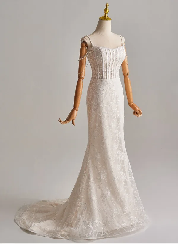 Simple Ivoire Perle Paillettes En Dentelle Légère Robe De Mariée 2025 Trompette / Sirène Bretelles Spaghetti Sans Manches Dos Nu Train De Balayage
