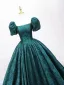 Vintage / Retro Dark Green Printing Prom Dresses 2025 Ball Gown Square Neckline Puffy Short Sleeve Backless Floor-Length / Long Prom Formal Dresses